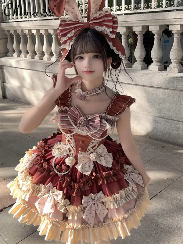 

Chocolate Color Lolita JSK Dress 2026 New Sweet Girl Cute Bow Birthday Party Cake Princess Dress Elegant Womens Dressess