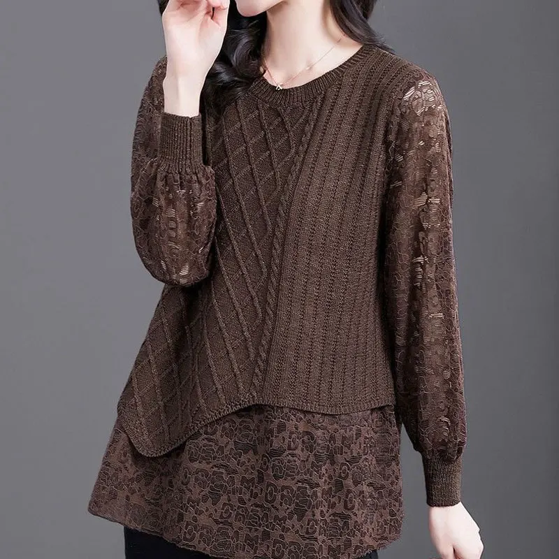 Fake Two Pieces Knitted Patchwork Shirt Female Clothing Fashion Lace Loose Spring Autumn Long Sleeve Vintage Solid Color Blouse