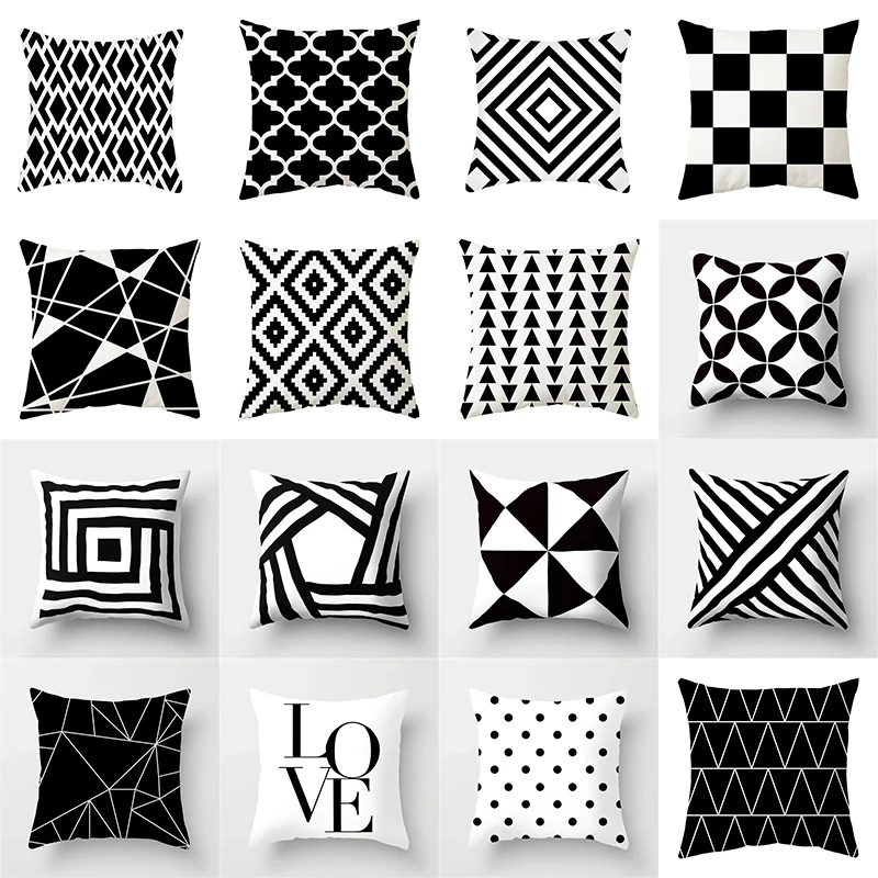 Taie d'oreiller géométrique simple et haut de gamme, noir et blanc, housse de coussin en patchwork, lettre rayée, décoration de la maison