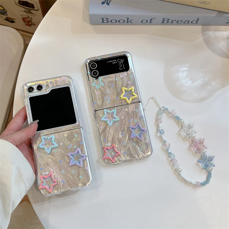 

Colorful 3D Star Laser Paper Bracelet Wristband Chain Hard Acrylic Shockproof Phone Case For Samsung Galaxy Z Flip 6 5 4 3Cover