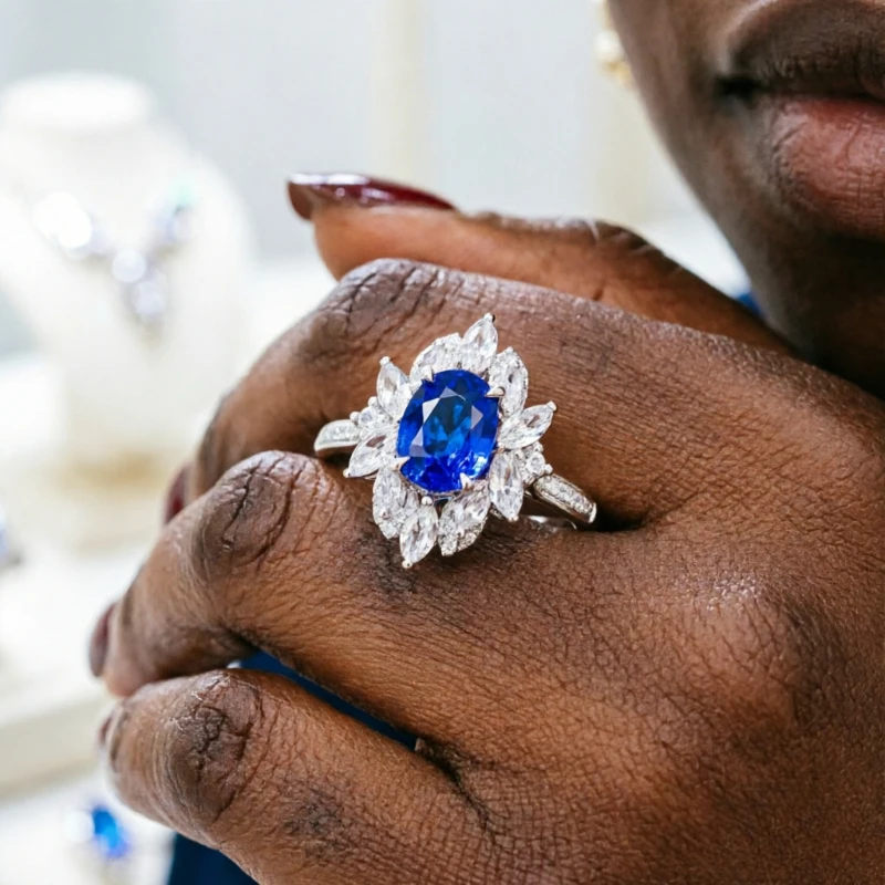 Star Actor - The Same Style-Luxury Natural Sri Lankan Blue Sapphire Flower-Shaped Women's Ring -  Silver Fashion Party Jewelry