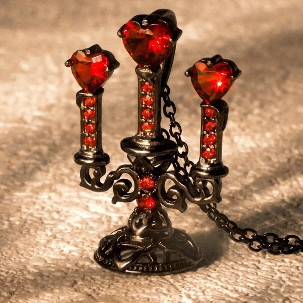 Retro Hollow Candlestick Collarbone Chain Gothic Heart-shaped Rhinestone Necklace Pendant Halloween Party Jewelry Couple Gifts