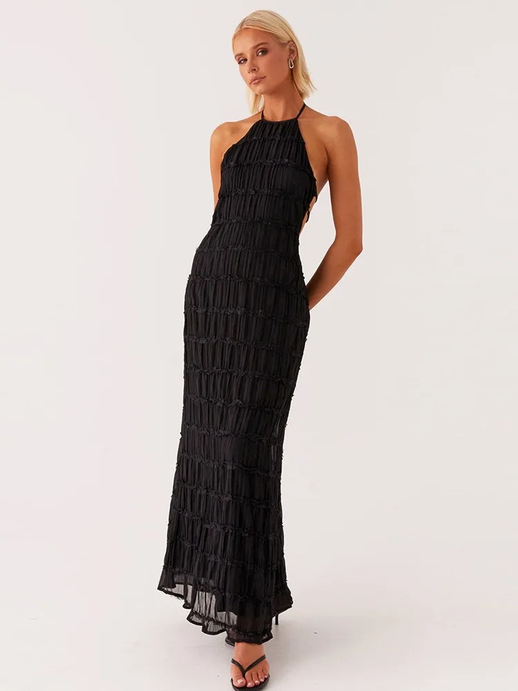 

Spring Fashion Patchwork Long Dresses For Women Lace-Up Backless High Waist Solid Holiday Beach Dress Ladies Maxi Dress 2025
