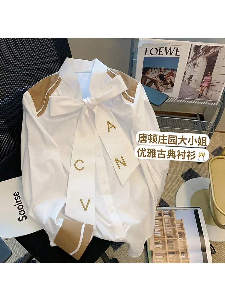 Fashion England Style Long Sleeve Blouses For Women 2024 Bow Letter Tee White Single Breasted V-neck Loose Boyfriend Shirt