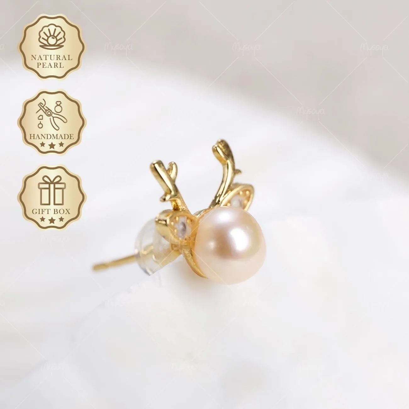 

Mysoya Pink Bread Freshwater Pearl Small Deer Antler Stud Earrings 6-7mm Golden Gift Box Valentine's Day Birthday Gift For Her