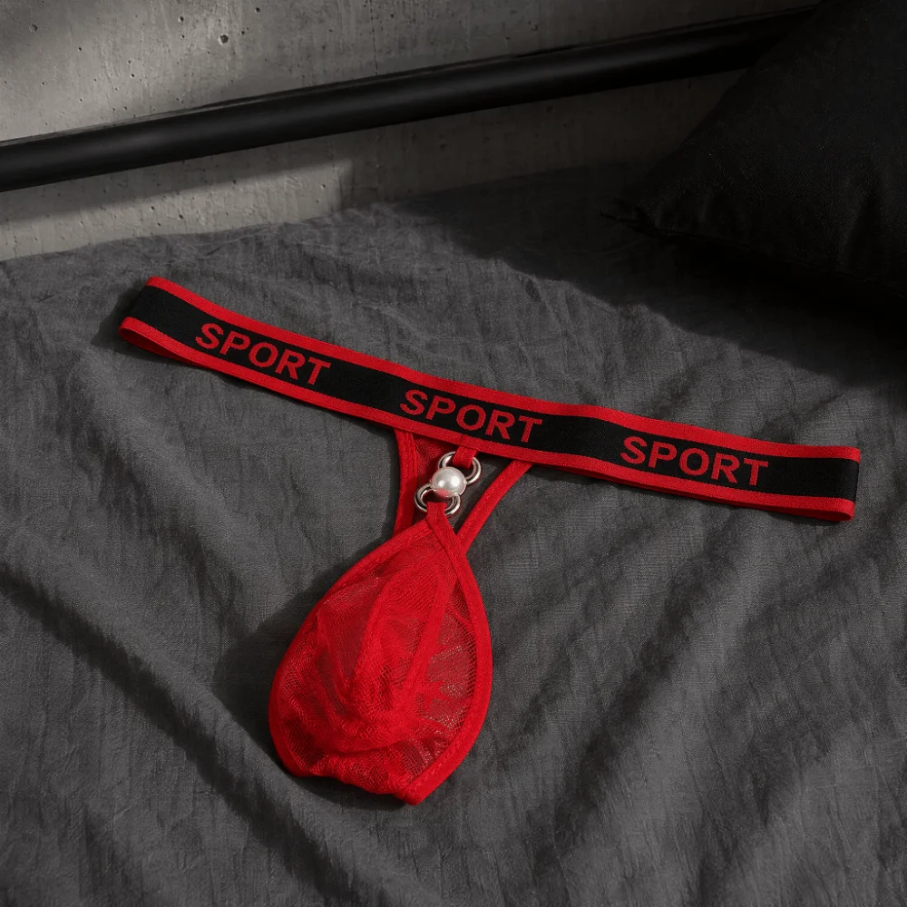 Breathable Low Waist Men Pearl Thongs Thin Strap Underpants Star Mesh Panties Solid Color Lingerie Male Briefs Male