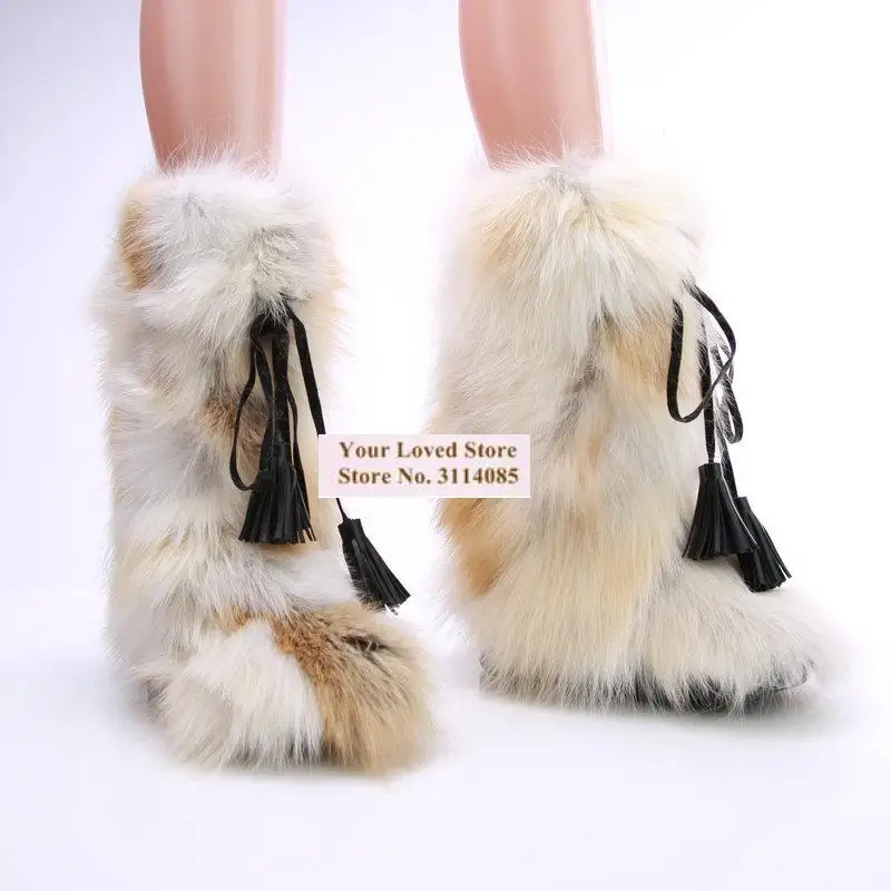 Women Newest Cream Fur Snow Boots Fringe Lace-Up Sweet Warm Fluffy Short Booties Outdoor Fall Winter Dress Shoes