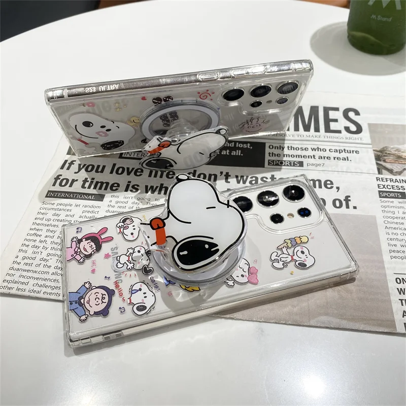 Cute Full Screen Snoopy Charlie Magsafe Wireless Charge Phone Case For Samsung S23 S22 S24Ultra Plus Funny Snoopy Magnetic Stand