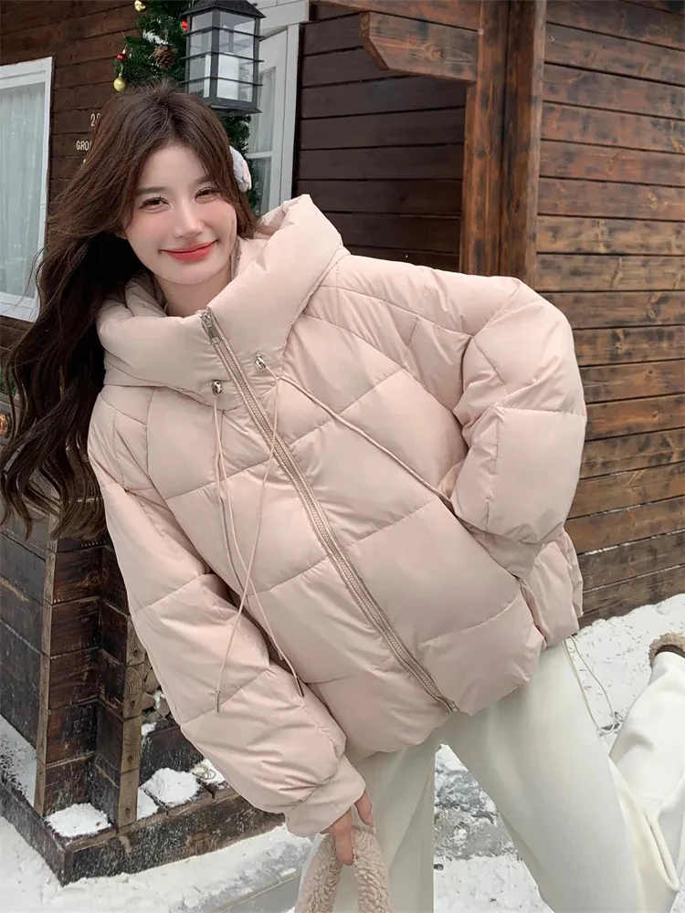 Parkas con capucha de color rosa dulce para mujer, abrigos gruesos y cálidos informales con cremallera, abrigos acampanados elegantes que combinan con todo, Tops holgados con cordones y cuello levantado