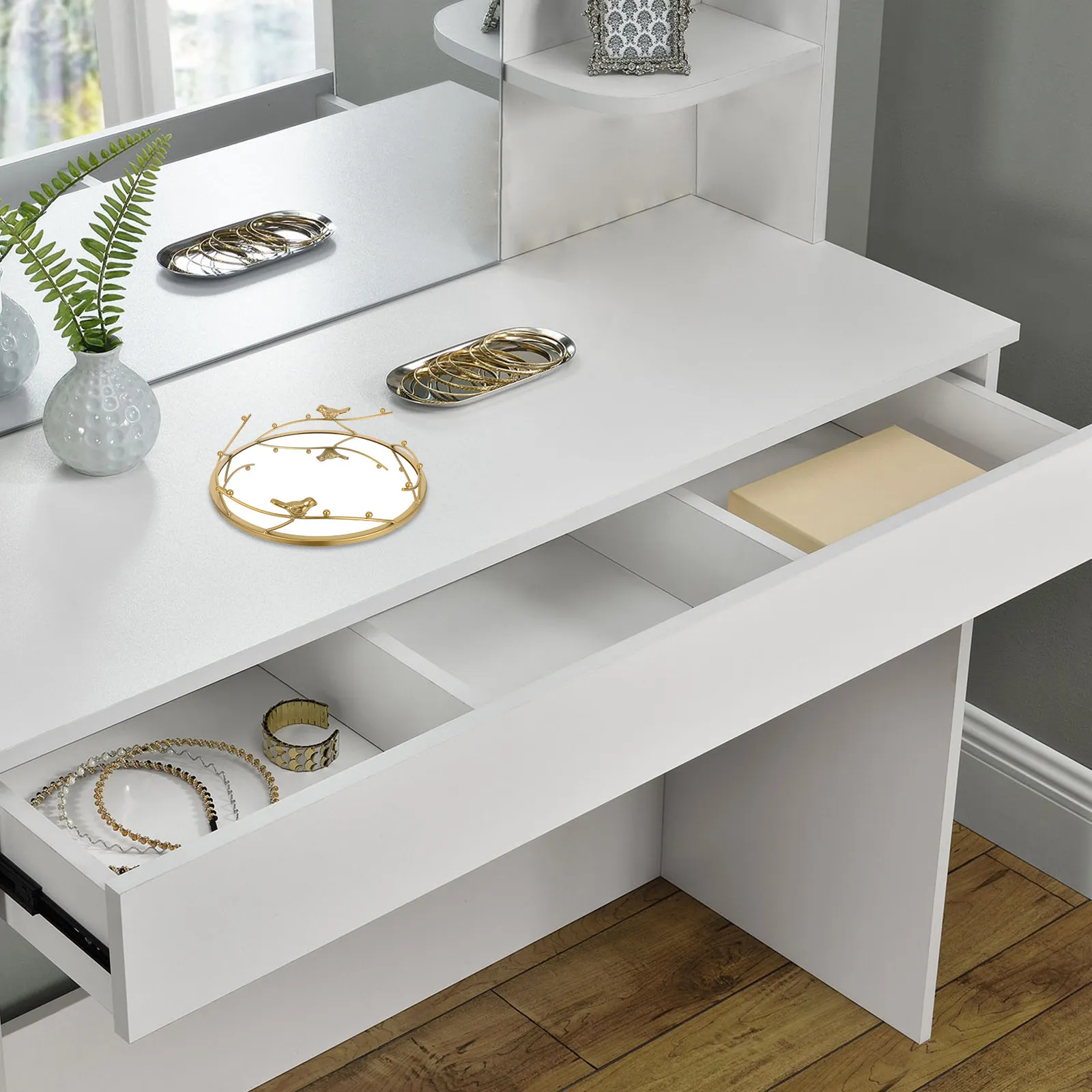 Golden Mirrored Vanity Tray Nordic Round Jewelry Organizer Perfume Storage Dresser Bathroom Decorative Tray - view 5