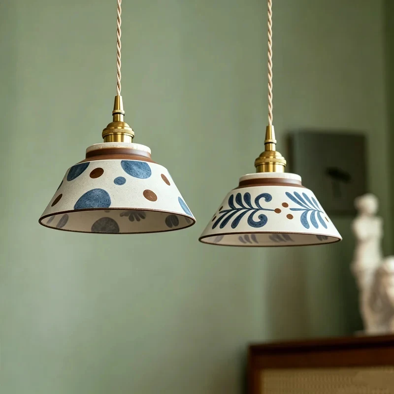 Bohemian Hand-painted Ceramic Pendant Light with Brass Base E27 for Kitchen Island Dining Room Bedroom Home Decor