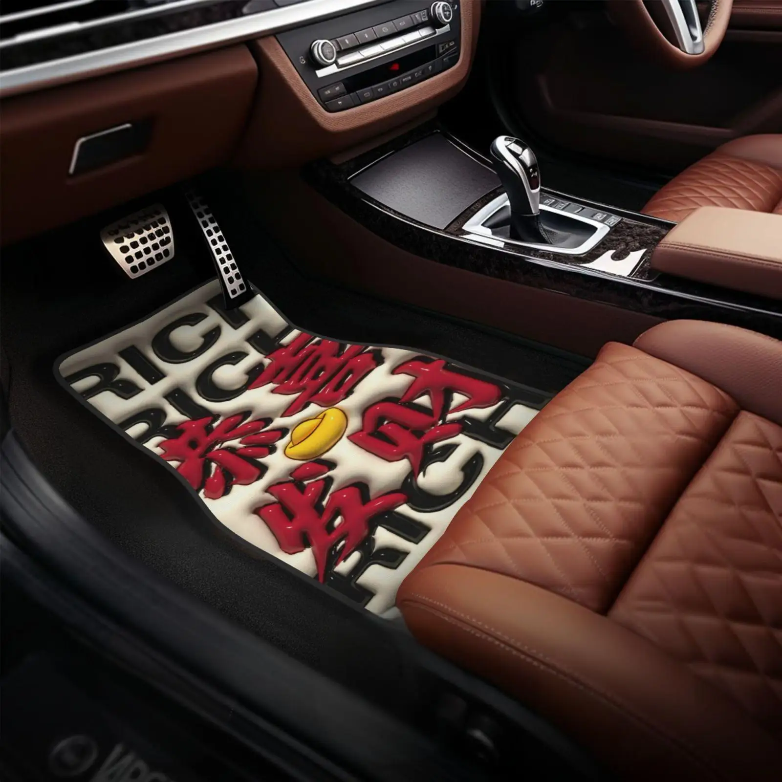 4pcs Gong Xi Fa Cai Fortune Elements Theme Car Floor Mats - Charming, Durable& Easy To Maintain, Crafted From Polyester, Perfect