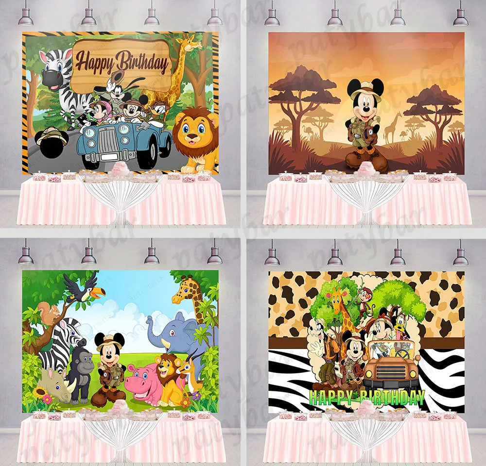 

Disney Jungle Safari Mickey Minnie Mouse Backdrop Kids Birthday Party Background Wild One Vinyl Polyester Photo Decoration Props