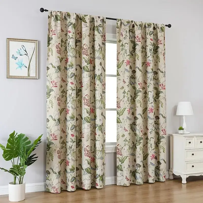 American Pastoral Flower Printing Blackout Curtain Privacy Partition Curtain Rod Pocket For Living Room Bedroom Glass Door