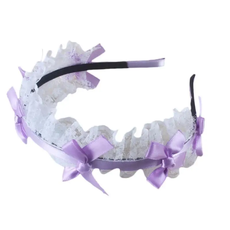 

652F Women Lace Headband Lace Pleated Ribbon Bow Maid Cosplay Props