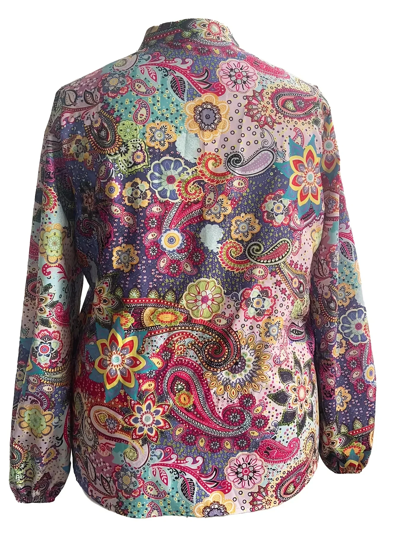 Plus Size Women Collared Button Down Blouse Paisley Floral Print Puff Long Sleeve Loose Shirt