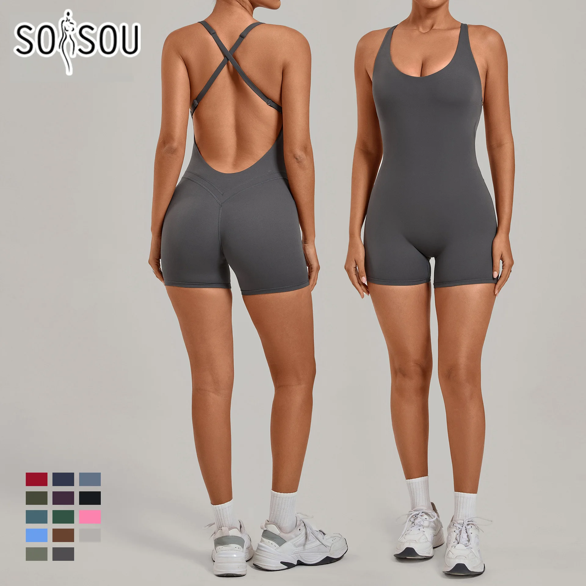 

SOISOU Adjustable Straps Jumpsuit Women Cross Over Back Sportswear Woman Gym Yoga Sport Sets Nylon Fitness Sets Women Tracksuit