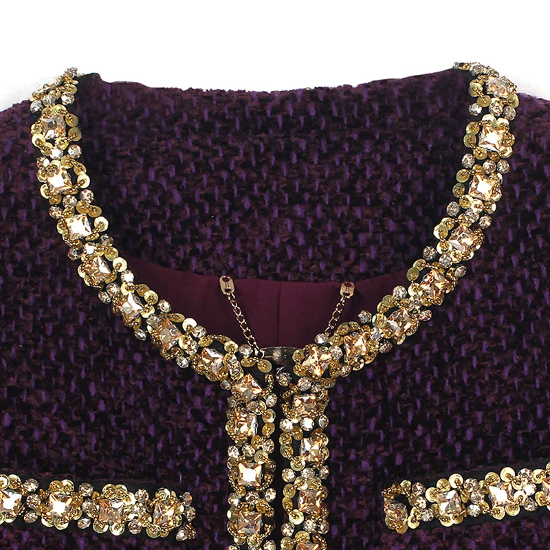 High Quality Purple Bead Fragrant Coat Women Autumn Winter Tweed Long Sleeved Loose Warm Hook Loop French Light Luxury Coat