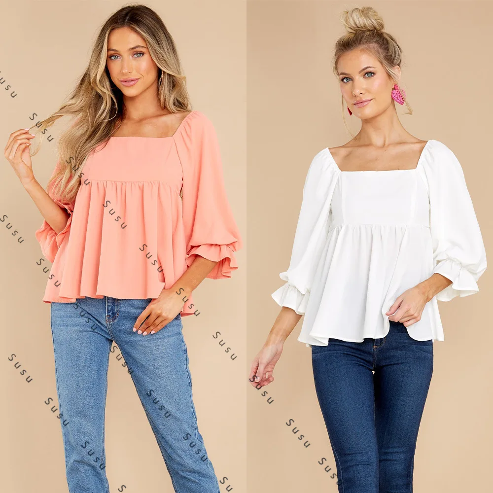

2025 New Spring and Autumn European and American Women's Clothing Top Simple Medium Sleeve Solid Color Shirt Square Neck 5011