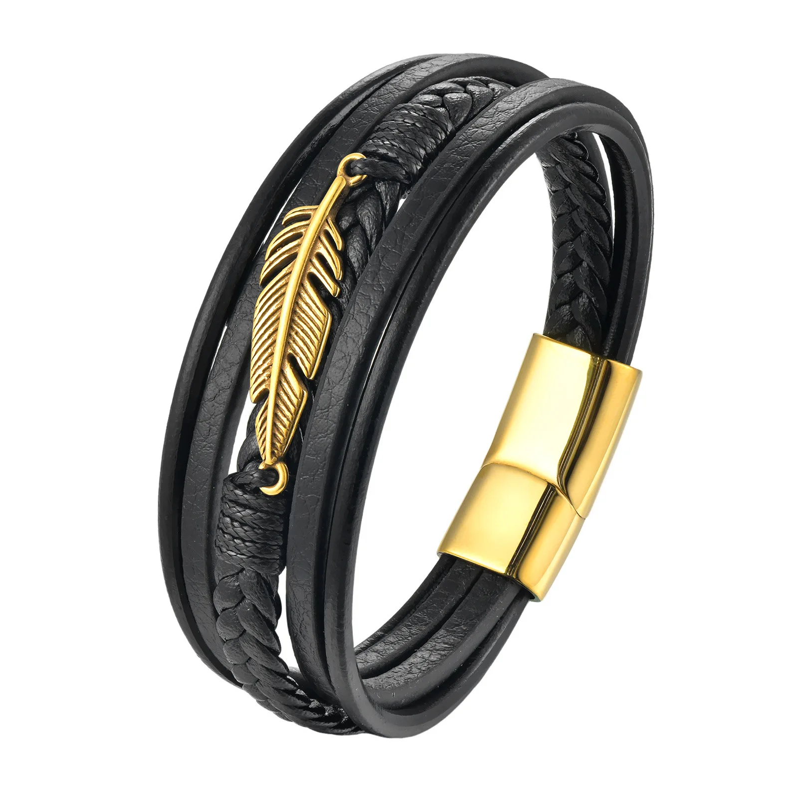 

Men's Titanium Braided Bracelet, Black-Gold Leaf Design - Office & Gym Wear, Matte Steel & Leather
