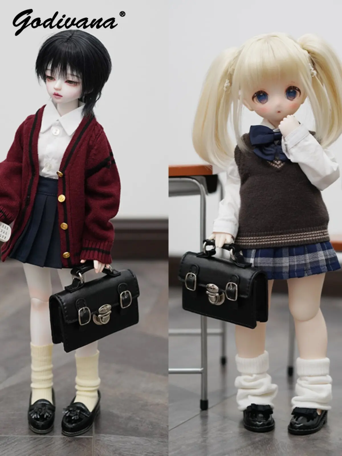 1/3 1/4 BJD Doll Vintage Preppy Satchel Bag Faux‑Leather Handbag Metal Buckle Briefcase School Bag Accessory for BJD Doll