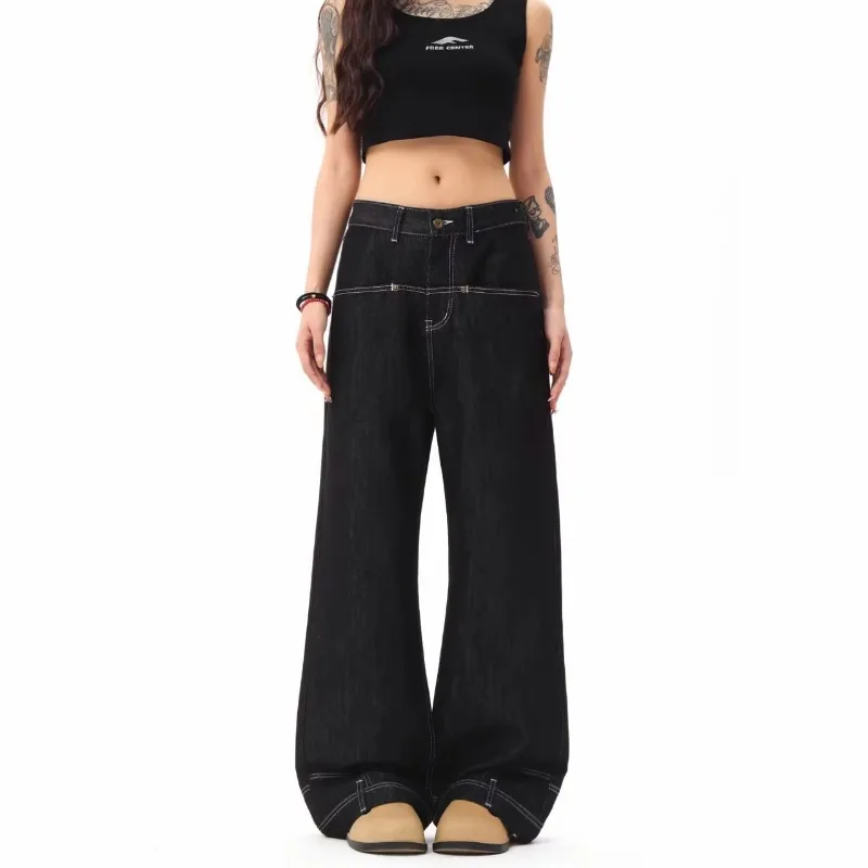 

plus size MAX ME Exclusive Raw Denim Wide Leg Pants, Vintage Contrast Stitching High Waist Loose Streetwear Trousers for Women