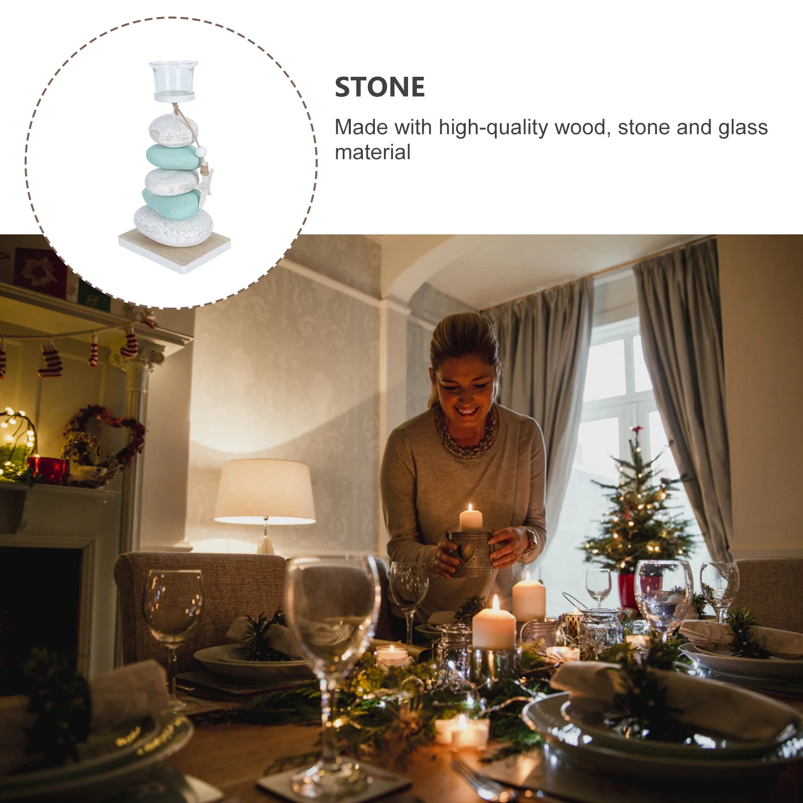 1pc Stone Candlestick Decor Mediterranean Style Wooden Glass Desktop Holder For Home Office Study Decoration Housewarming Gift