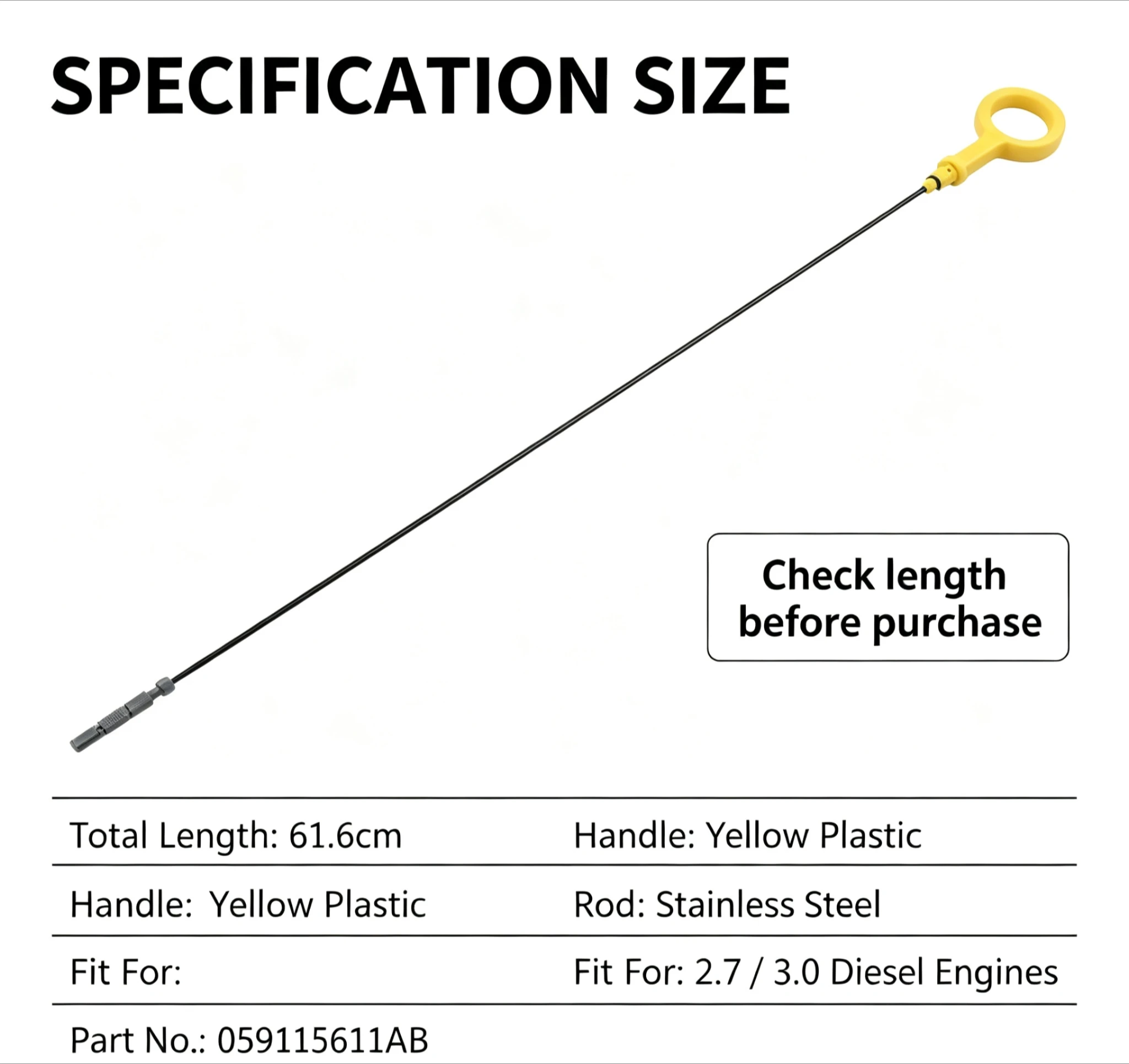 1Pcs 61.6cm Yellow Handle Engine Oil Dipstick OE#059115611AB FIT FOR Audi A4 A5 A6 A8 S4 S5 2.7‑3.0 Diesel Engine