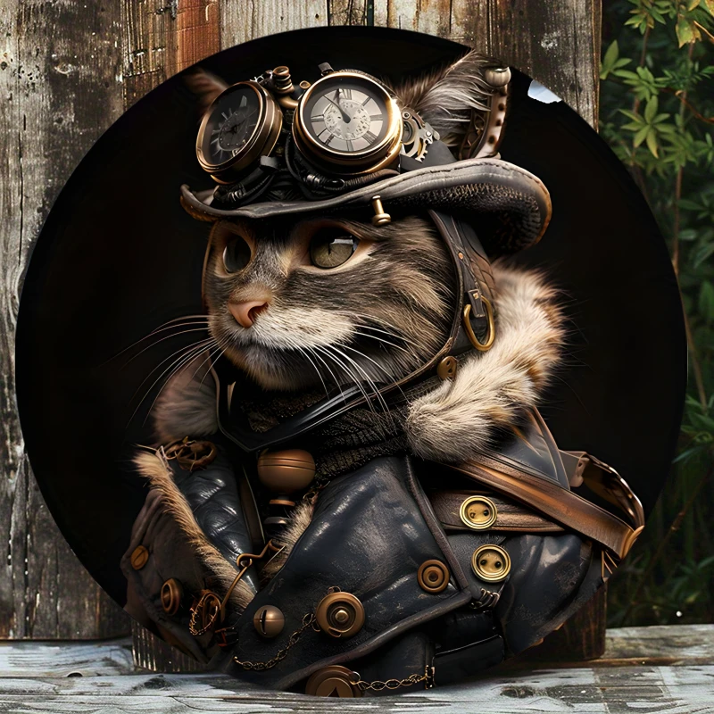 

Aluminum Steampunk Cat Sign, A Cute Anthropomorphic Feline in Elaborate Gear, Perfect for Art Lovers, Decorative Wall Poster
