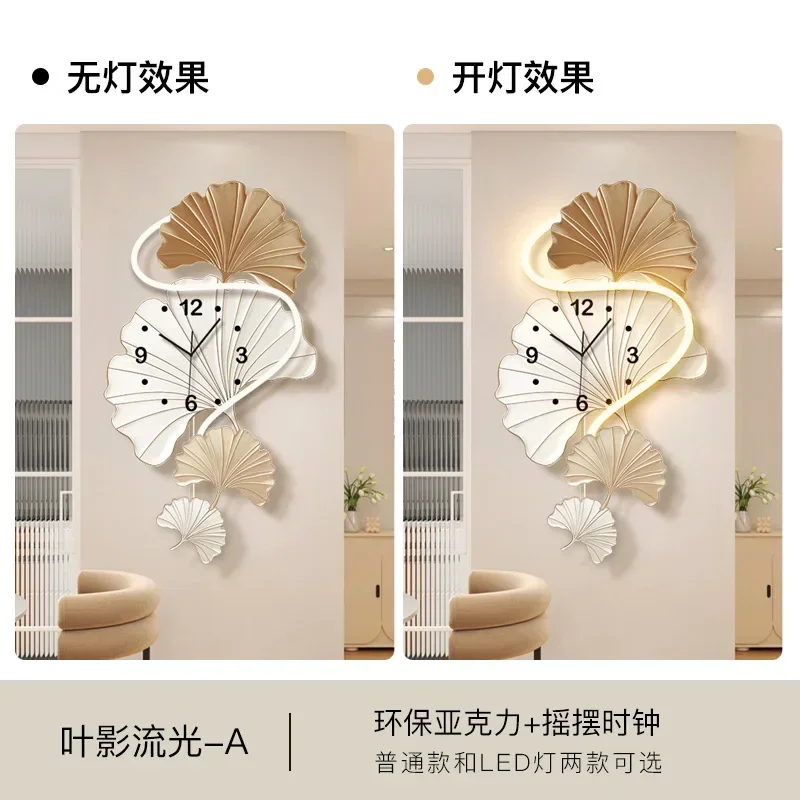 Cream wind wall clock living room dining room new decorative painting ginkgo biloba creative clock wall lamp silent swing clock