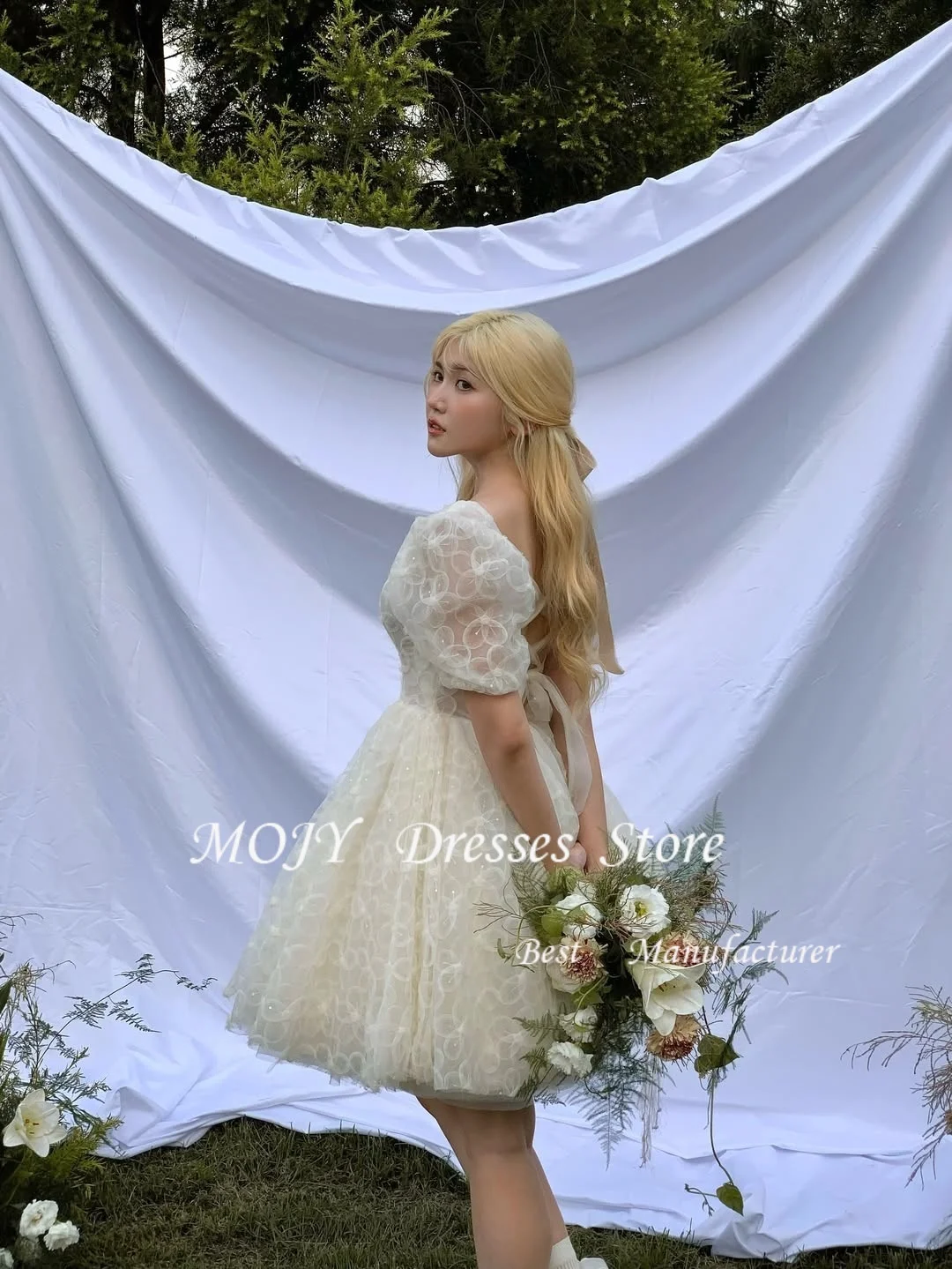 Mojy gola quadrada mini linha a vestidos de baile curtos de tule de seda ̄tzo Personalizza espartilho nas costas vestido de casamento coreano sessão de fotos