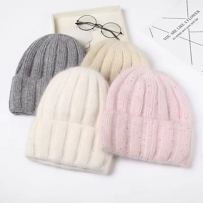 VISROVER 10 Color Rabbit Cashmere unisex Woman Winter Hat With Lurex Autumn Beanies Cashmere Woman Warm Rabbit Fur Skullies Gift