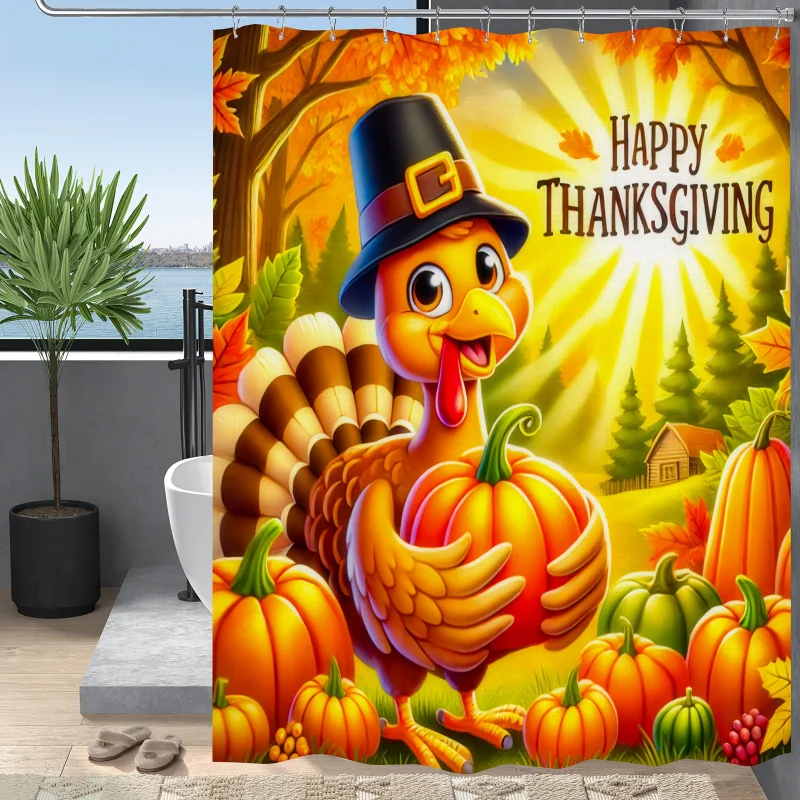 Thanksgiving Turkey & Pumpkin Shower Curtain - 179.83cm x 179.83cm Polyester, Waterproof with Hooks Included - Perfect for Fall,