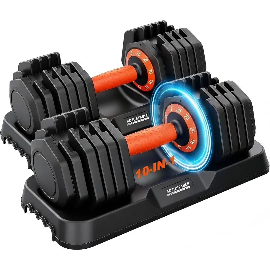 Adjustable Dumbbell Set 25LB/50LB, 10-in-1 Bi-Directional Adjustable Dumbbells, 1 Hand Quick-Dial, No-Roll Dumbbell Set with St