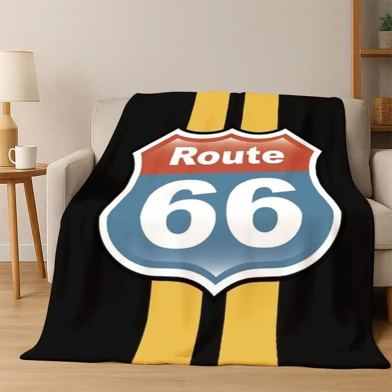 Retro Route66 America Mother Road Sign Flannel Blanket Soft Warm Throw Blanket for Bedroom Living Room Bed Travel Camping Picnic