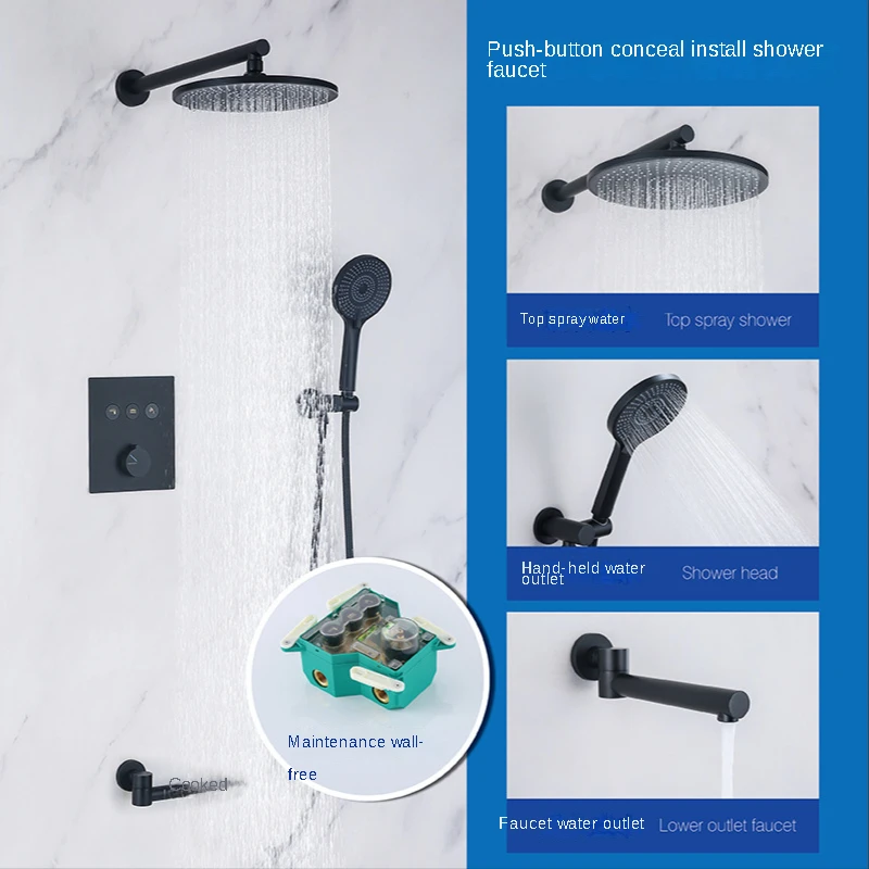 Black Push-Button Concealed Shower Set Wall-Mounted Hidden Bathroom Hot &Cold Water Copper Embedded Mixing Valve Shower Faucet