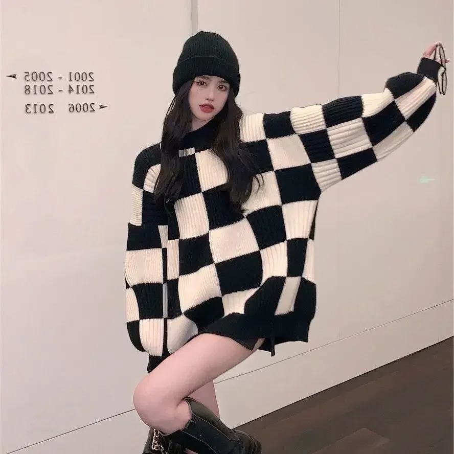 Ladies Sweaters Long Round O Neck Knitted Top for Women Plaid Pullovers Cold Winter New in 2024 Korean Fashion Clothes Tall Tops