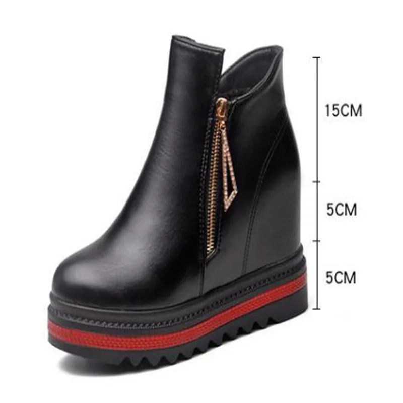 Woman Fashion Ankle Boots Winter New Platform Boots Women\'s Wedges Shoes 10cm High Leather Women Thick Sole Boots Round Toe