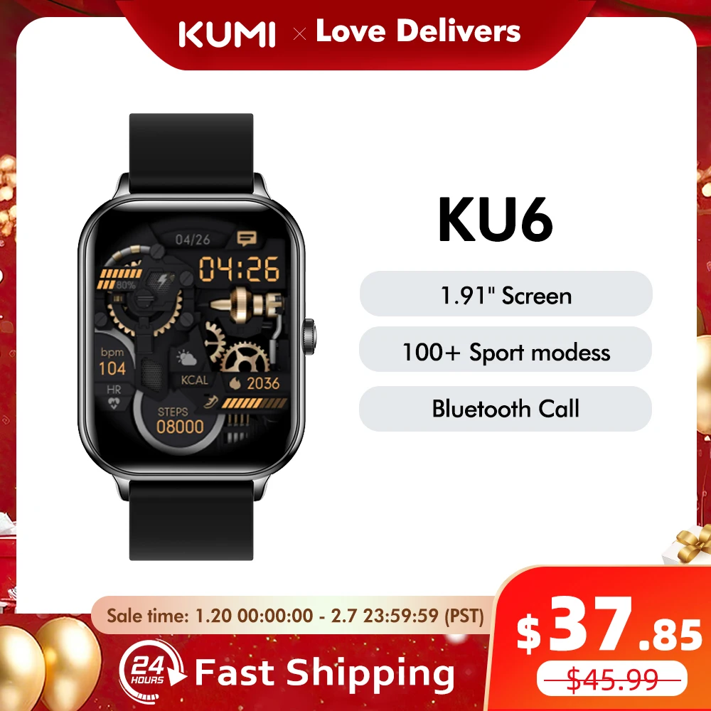 KUMI KU6 1.91-Inch Sports Smartwatch with Bluetooth Calling, 110+ Sports Modes, Heart Rate Tracking, and IP68 Waterproof