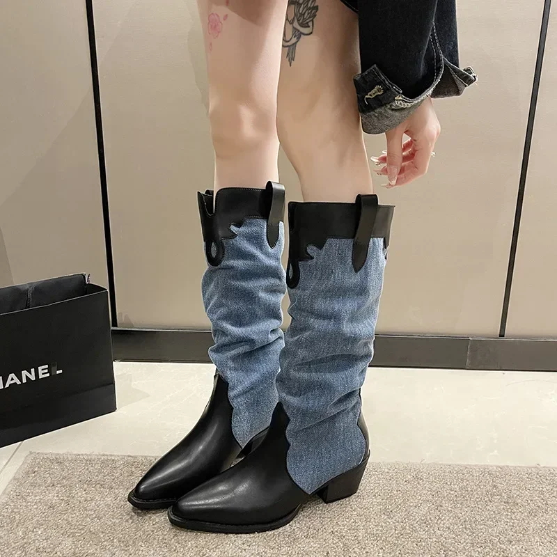 Buty damskie nowe modne buty dżinsowe damskie buty Vintage szpiczaste plisowane buty na platformie kolana wysokie Botas De Mujer 2024