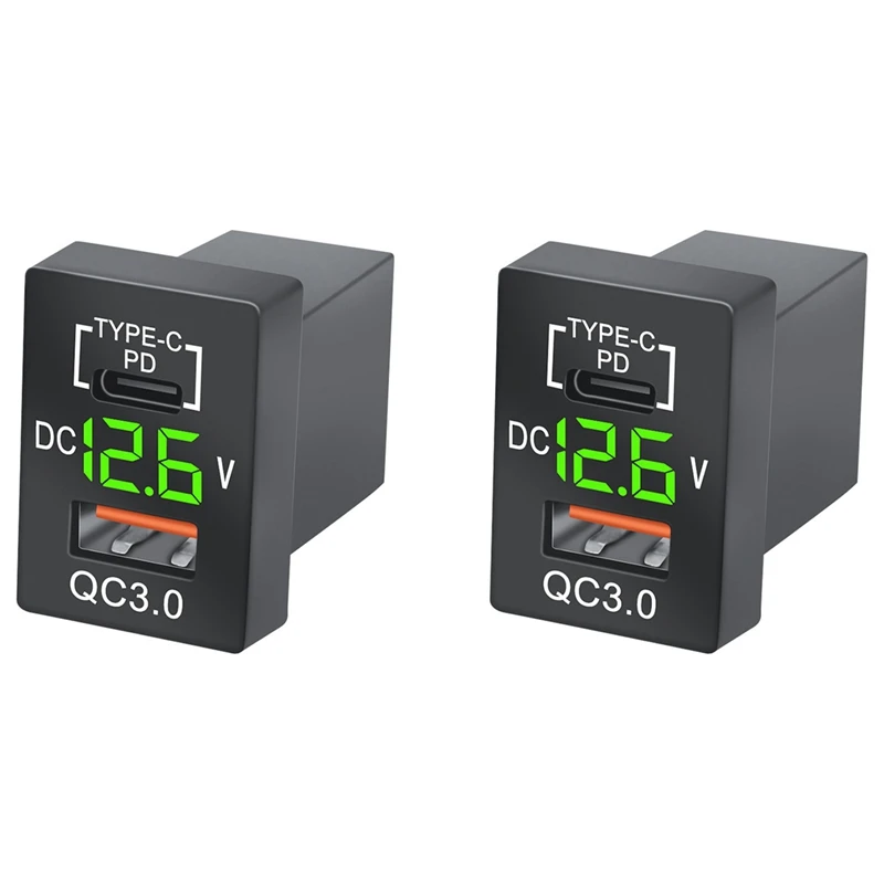 

2X Charger QC3.0 USB Car Charger Socket PD Type-C Charger With LED Green Digital Voltmeter For New Toyota Quick Charge