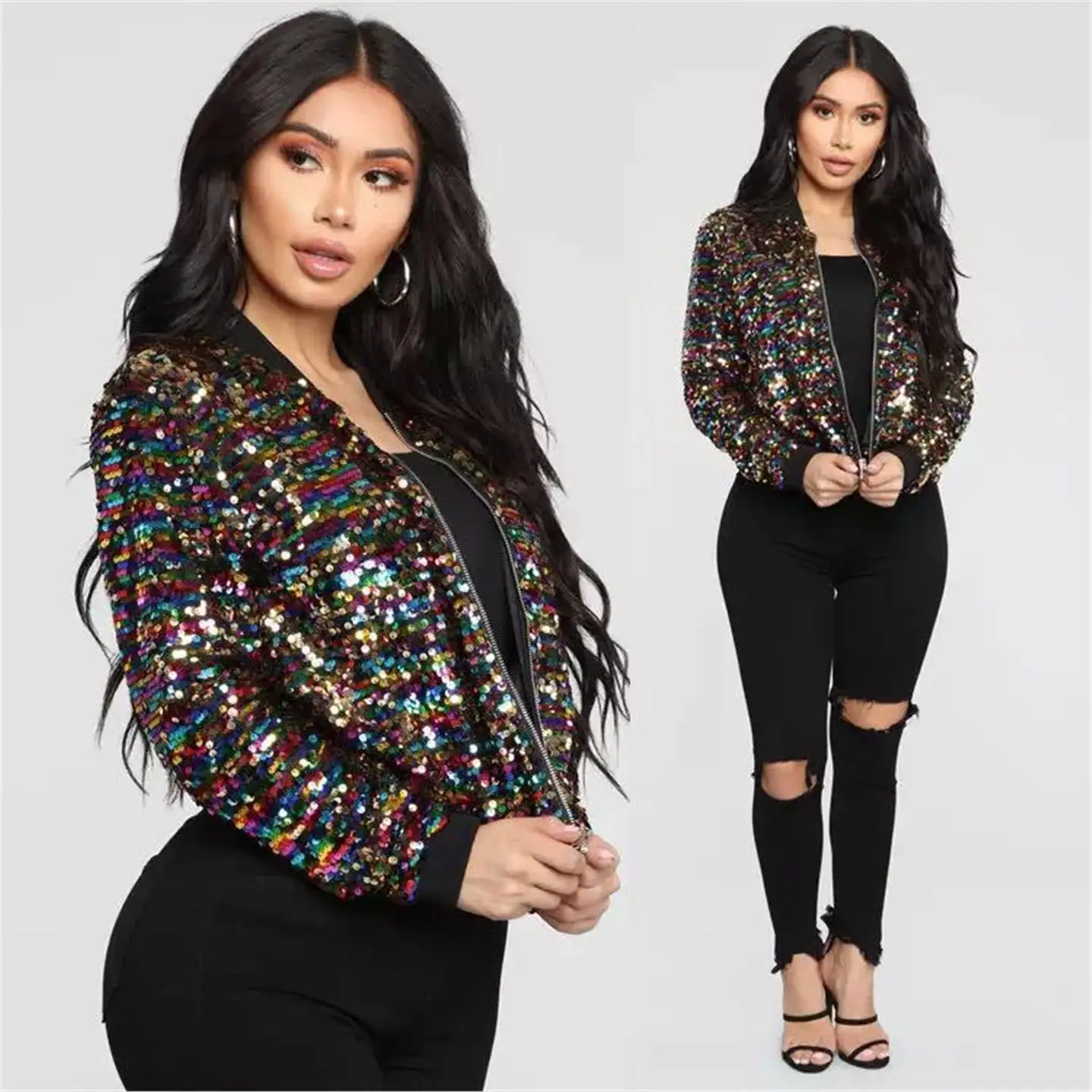 Fashionable Long Sleeve  Sequin Women's Jacket Autumn Winter Outerwear Elegant Glittering Cotton Coat for Ladies