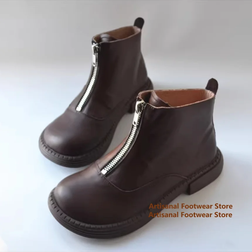 

Wide Round Toe Derby Shoes Front Zipper Thick-Soled Leather Casual Shoes British Style Trendy High Top Booties Men's Shoes