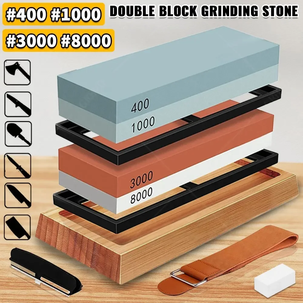 Professional Knife Sharpening Stone Kit 400/1000 3000/8000 Grit Non-slip Bamboo Base Double-side Knife Whetstone Angle guide