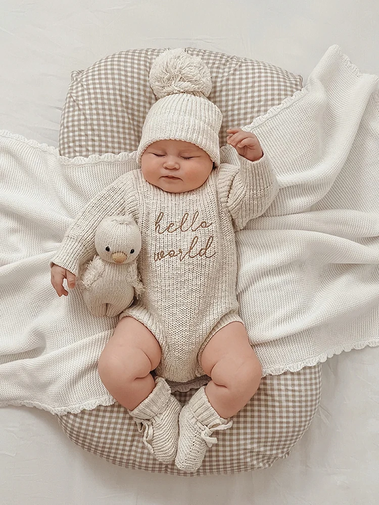 Ylsteed Hello World Zestaw do Fotografii Noworodkowej: Sweter, Romper i Dopasowana Czapeczka z Pomponem dla Chłopca lub Dziewczynki - Zdjęcia HD — zdjęcie 2