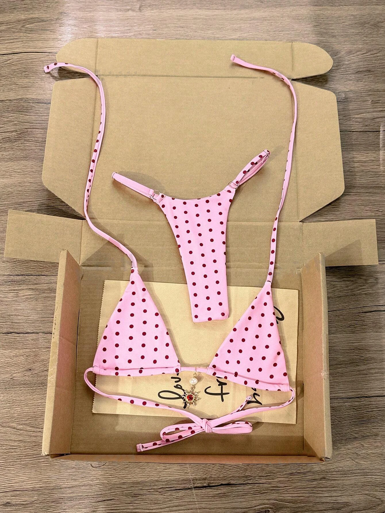 Pink Red Polka Dot Bikini Set Triangle Halter Tie Front With Sun Pendant Adjustable Strap Thong Bottom Women Beach Swimsuit