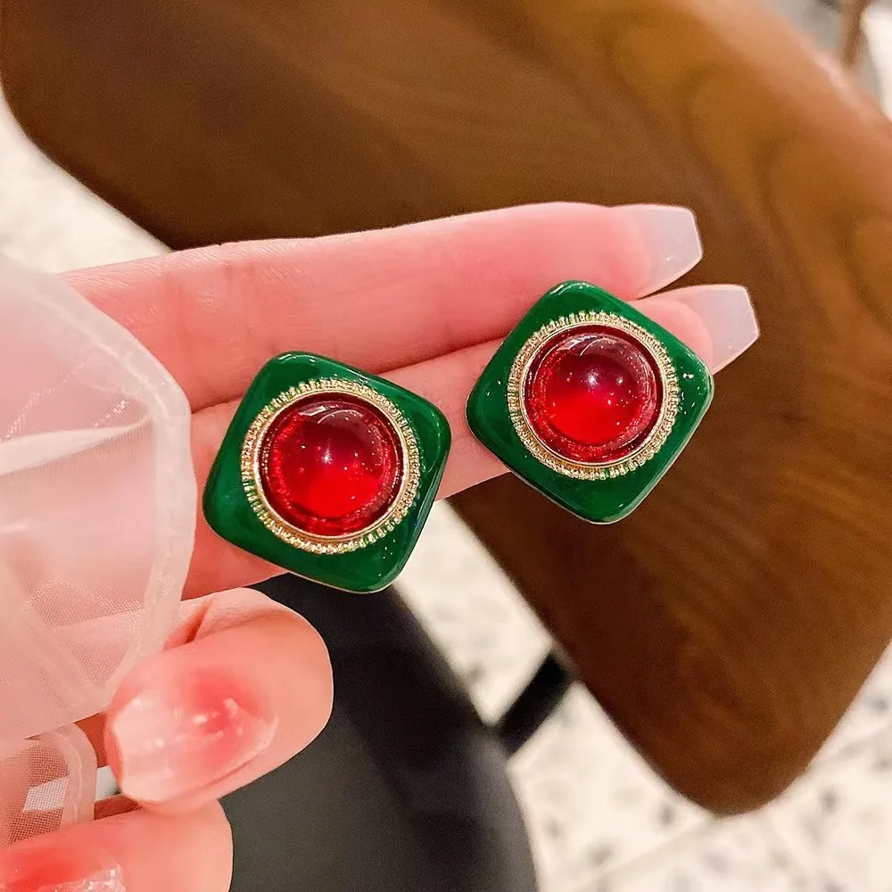 Korean Dripping Oil Green Red Crystal Stud Earrings For Women Fashion Elegant Wedding Proposal Earring Metal Jewelry Gifts