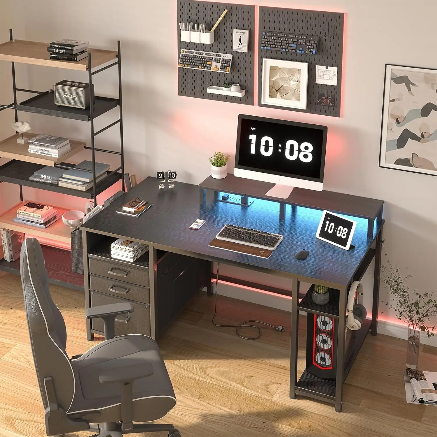 Led Lights and Power Outlets, 55 Inch Computer Desk with File Drawers Cabinet, Home Office Desk with Shelves Monitor Stand