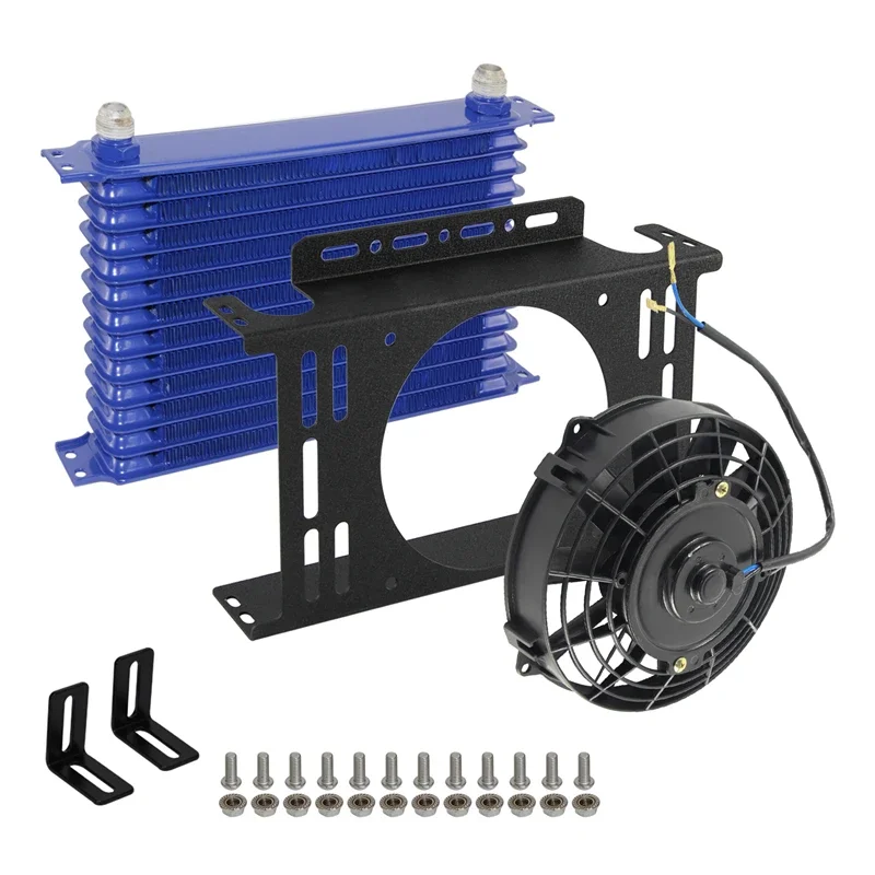 Ölkühler Universal 13-reihiges Getriebe 10AN 7/8"-14 UNF + 7" Elektrischer Lüfter-Kit mit neuer Typ-Montagehalterungssatz Schwarz/Blau
