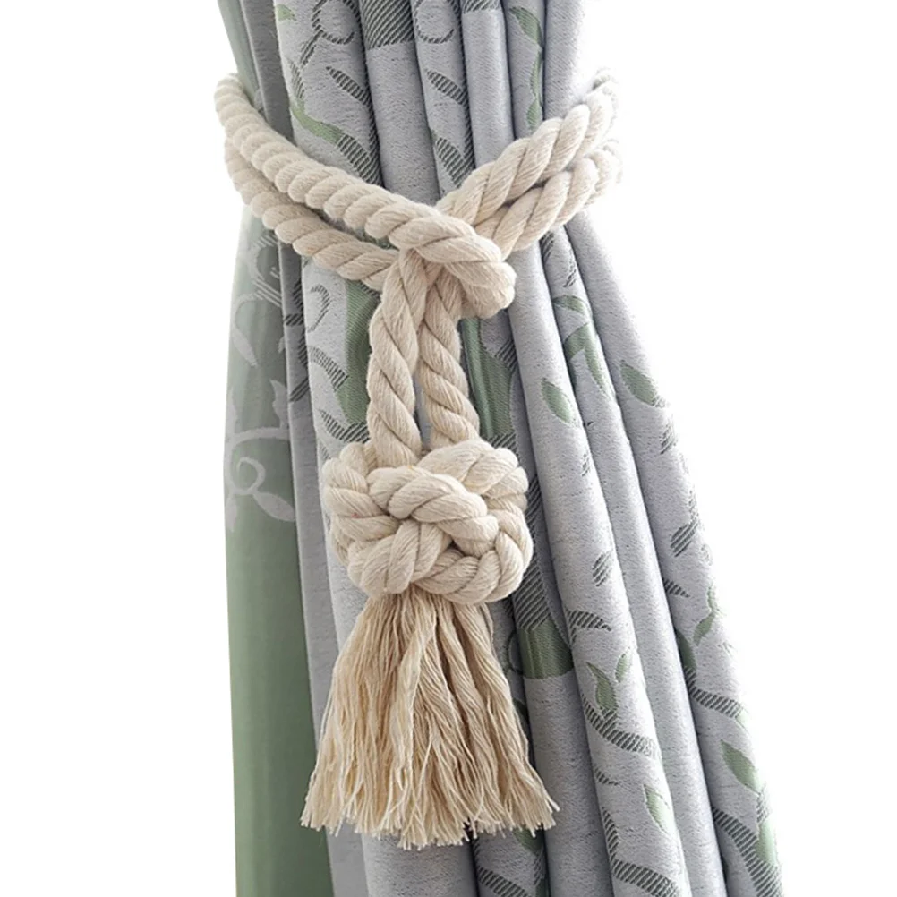 2Pcs Vintage Curtain Tiebacks Handmade Cotton Rope Knit Tassel Holdbacks for Country Style Window Curtains Curtain Rope